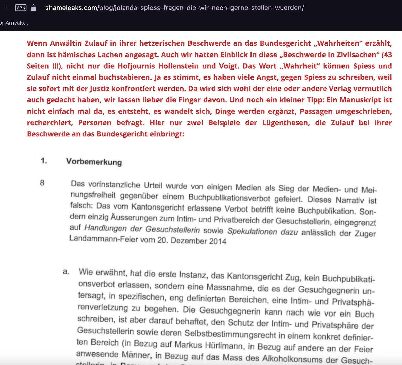 Im Blog publizierter Beschwerdeauszug, vorhandener Beleg